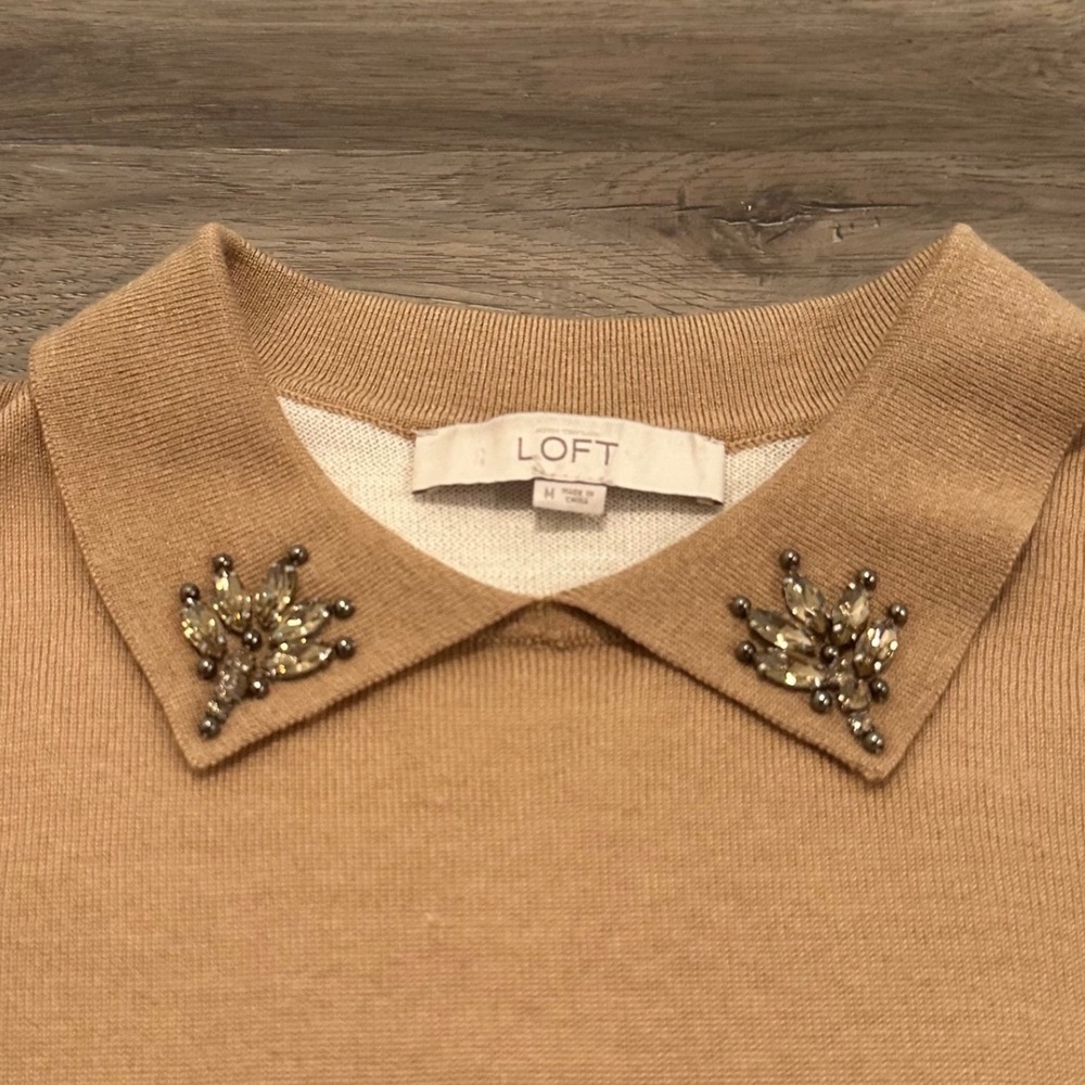 LOFT Womens Medium Wool Blend Beaded Collared Sweater Camel Beige Cream Jewel - Picture 11 of 12
